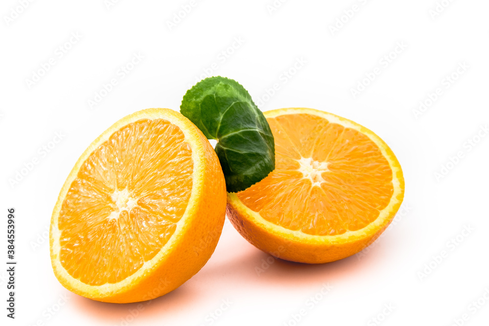 Ripe orange isolated on white background - fresh citrus fruit photography, orange cut in half