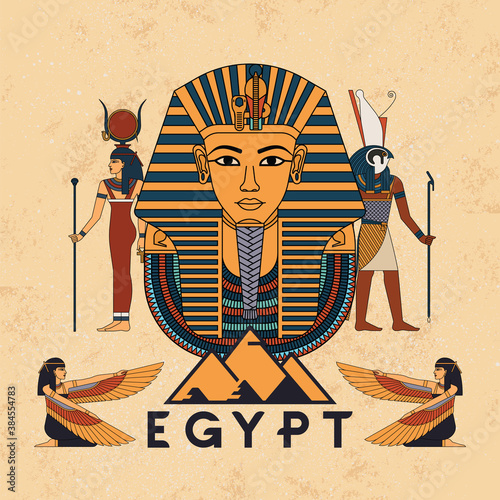 Photo Vector illustration symbols of ancient Egypt Egyptian winged sun, gods Anubis and Horus, and pharaoh Tutankhamun, and symbol of Egyptian faith beetle Scarab