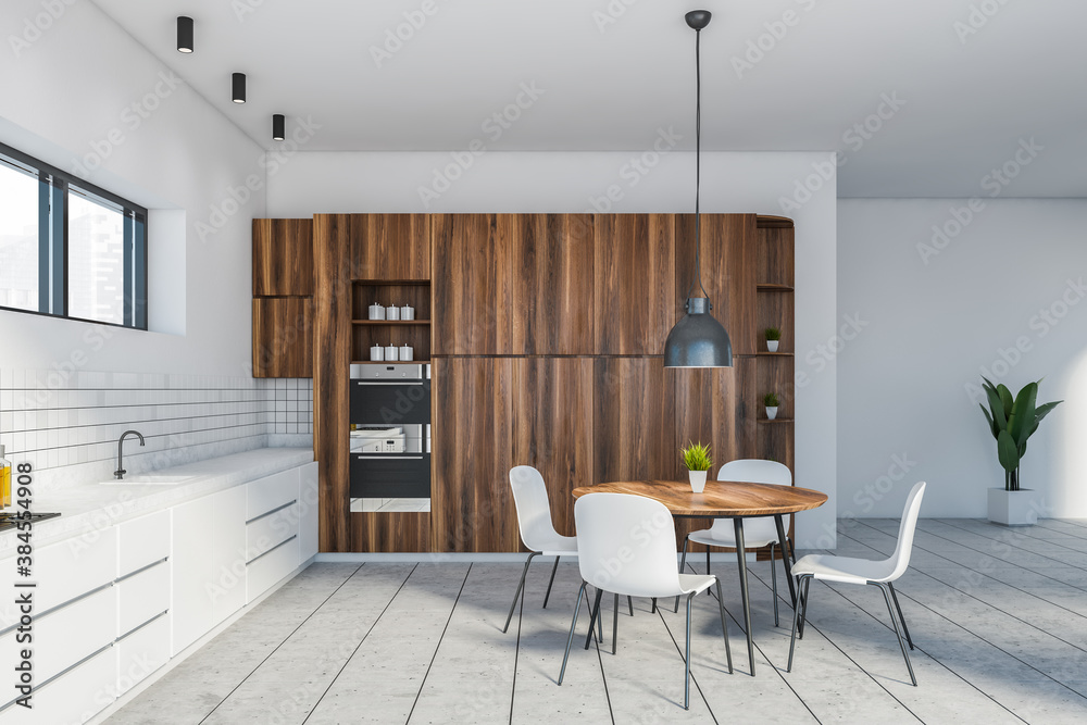 Modern white and wooden kitchen with dining table Modern white and wooden kitchen with dining table