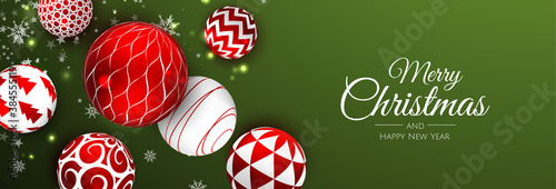 Merry Christmas and Happy New Year Holiday. Xmas design with realistic vector 3d objects, golden christmass ball, snowflake, glitter gold confetti.