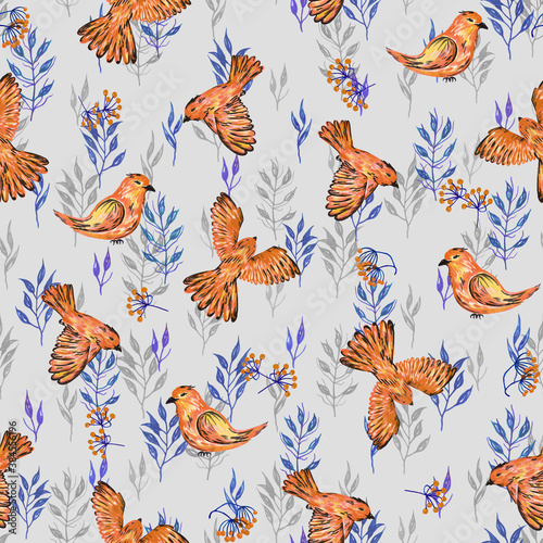 Seamless pattern of orange birds in watercolor. Big size jpeg. Ideal for printing, Wallpaper, web, packaging, etc.