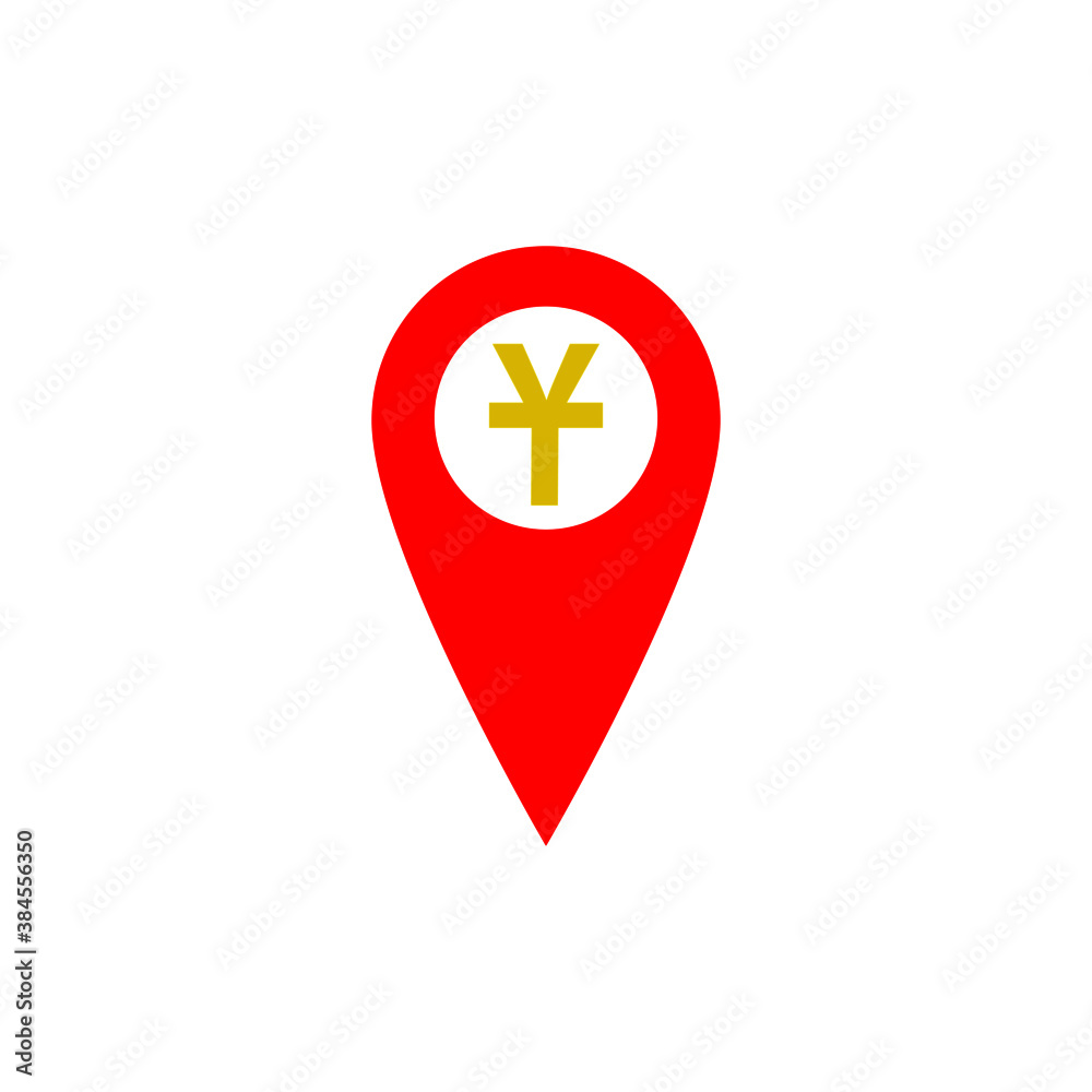 Red Location pin and yen sign on white background Red Location pin and yen sign on white background