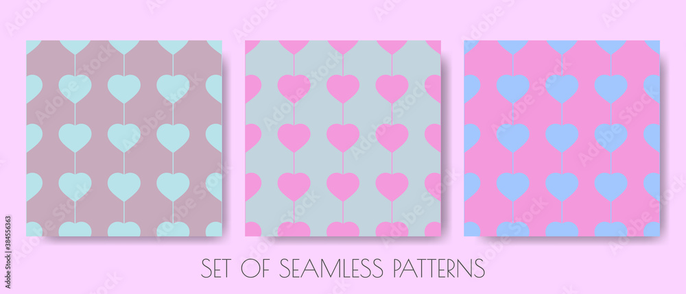 Collection of seamless patterns with hearts in pastel colors.