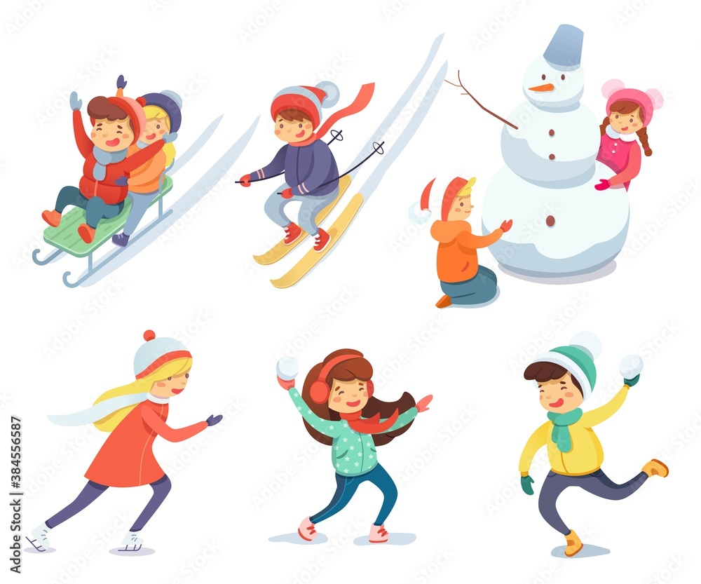 Children having fun with snow in winter set. Cute happy kids playing at Christmas day or New Year. Celebration season activities vector illustration. Skiing, building snowman, skating, snowballs