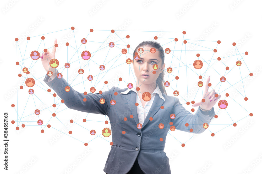 Man pressing virtual button on social network concept