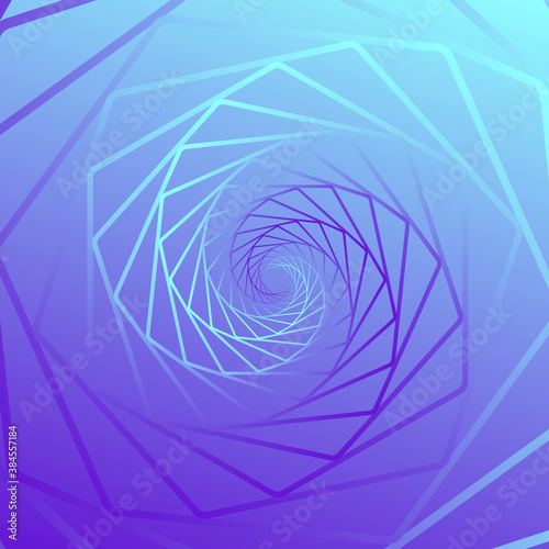 Twisted abstract wireframe tunnel. Wireframe hexagon shape. Blue and purple shape on a gradient background. Scinece and tech vector illustration.