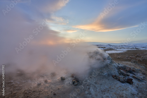 Steaming Geothermal Area N  maskar   at sunries in winter. North Iceland.