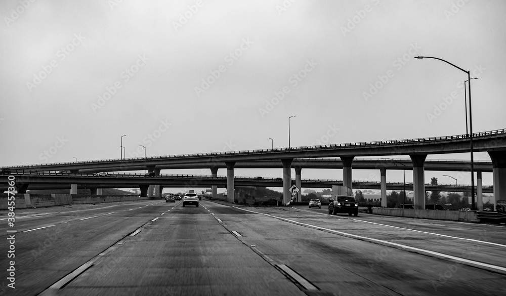 Morning drive on the freeways in the Los Angeles, SoCal area