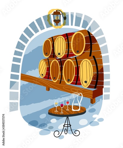 Wine restaurant storage with barrels and kegs background. Table with jug and glasses of wine. Wooden winery interior design. Organic produce vector illustration. Beverage traditional business