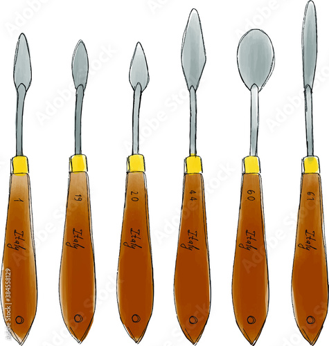 vector image of metal palette knives of different shapes with a wooden handle in the amount of 6 pieces for oil painting