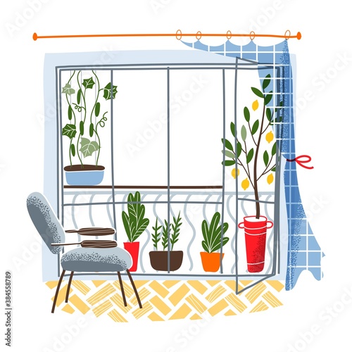 Modern vintage balcony interior design background. Room at home for growing plants, vegetables and fruit. Produce of lemons and cucumbers. Empty cosy area vector illustration