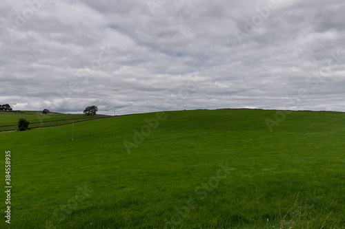 Rolling green hills under cloudy sky