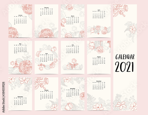 Cute boho calendar 2021 with feather,catcher,wild,wreath for children, kid, baby.Can be used for printable graphic.Editable element