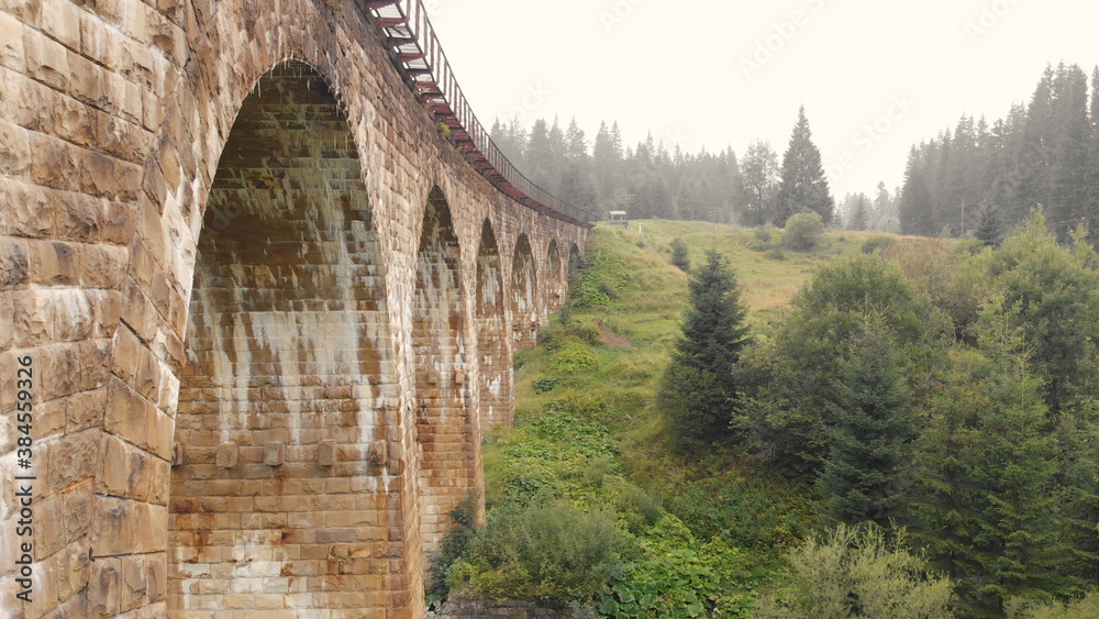 Close view of viaduct arches. Railroad on the bridge. Green hills with spruces on the background.