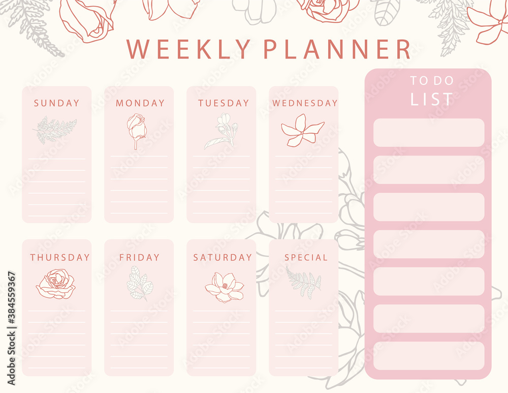 Pink flower calendar planner with rose,jasmine,leaves.Can use for printable,scrapbook,diary Pink flower calendar planner with rose,jasmine,leaves.Can use for printable,scrapbook,diary