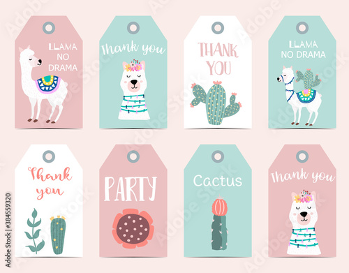 Cute cartoon tag with llama, alpaca, cactus with Thank you, llama no drama wording