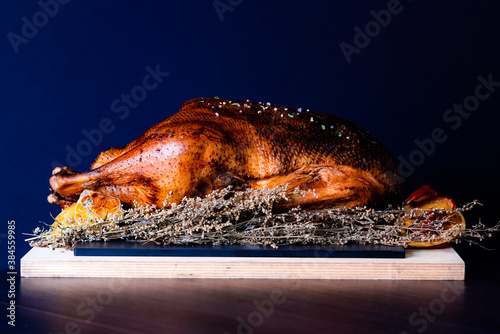 Martinsgans braten mit Garnituren und ohne Beilagen. Portrait auch als Weihnachtsgans erkennbar. photo