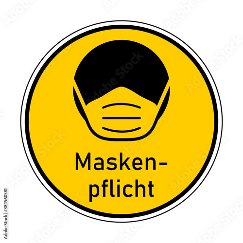 Maskenpflicht ("Face Masks Required" in German) Round Instruction Icon with Text and Face Mask Sign. Vector Image.