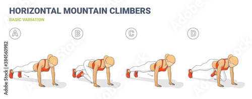 Mountain Climbers Home Workout Woman Exercise Guide Colorful Illustration.