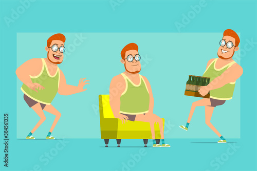 Cartoon flat funny redhead fat boy character in glasses, singlet and  shorts. Boy sneaking, resting and carrying box of beer. Ready for animation.  Isolated on blue background. Vector set. Stock Vector | Adobe Stock