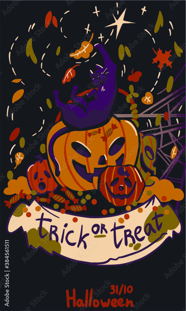 colored vector illustration, black cat on pumpkin lanterns, catches autumn leaves.