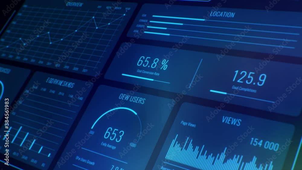 Perspective blue futuristic user interface with HUD and infographic elements. Ultra detailed abstract digital background. Intelligent head-up display dashboard for business, games, web and app.