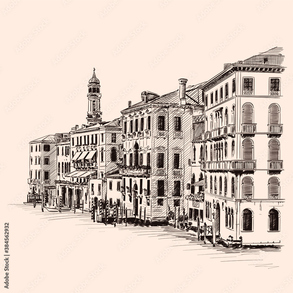 Sketch of street of an old European city with high-rise buildings and a tower. Handmade rough drawing on beige background.