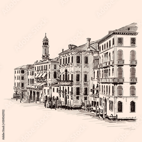 Sketch of street of an old European city with high-rise buildings and a tower. Handmade rough drawing on beige background.