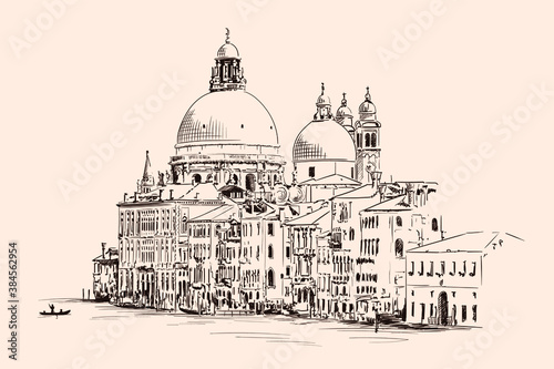 Sketch of the Cathedral of St. Mary in Venice isolated on beige background.
