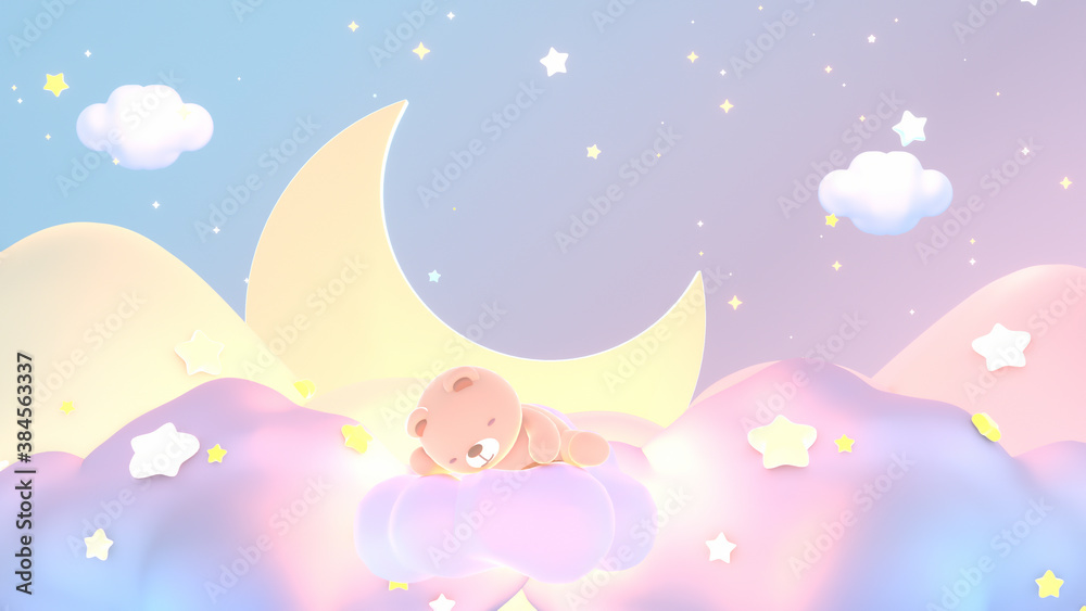 Cartoon baby animal dream. Cute bear sleeping on pastel clouds at night. 3d rendering picture.