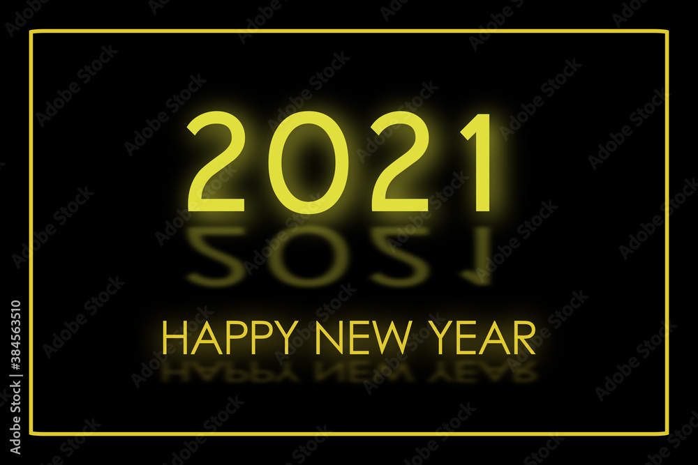 Neon glow greeting Card. Happy New Year 2021. Black and Gold. Minimalism.