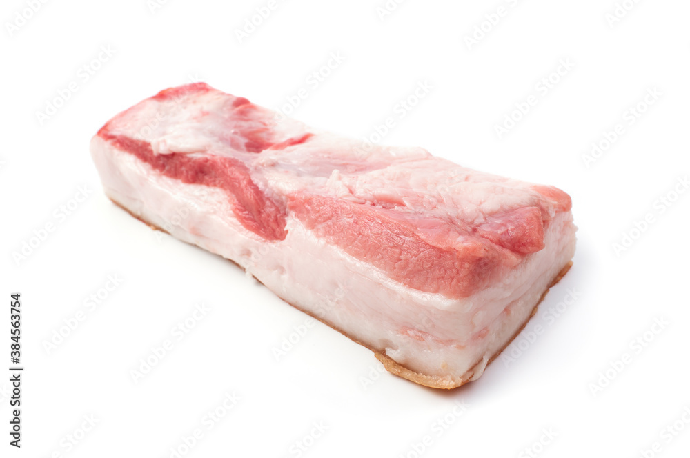 Pork lard with layers of meat on a white isolated background, raw concrete product. Trading platform. The concept of fresh, natural products.