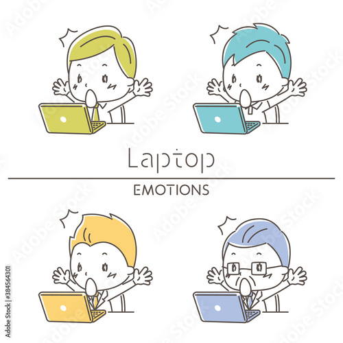 ノートパソコンと驚く男性のイラスト