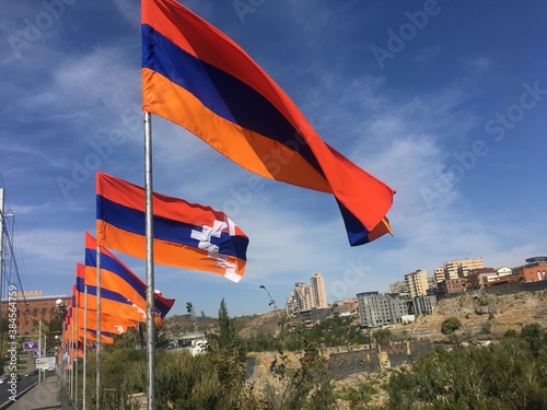 Armenia Yerevan, Victory bridge, 11 October 2020. National flags of Armenia and Artsakh Karabakh