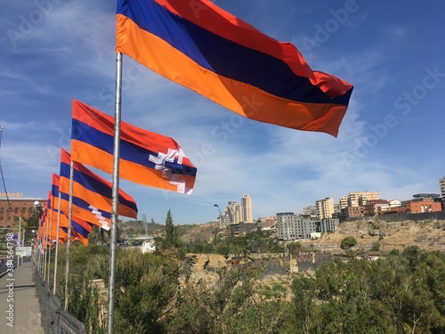Armenia Yerevan, Victory bridge, 11 October 2020. National flags of Armenia and Artsakh Karabakh