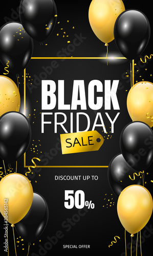 Black Friday flyer or web banner design template with glossy balloons and festive confetti on black background. Discount up to 50%