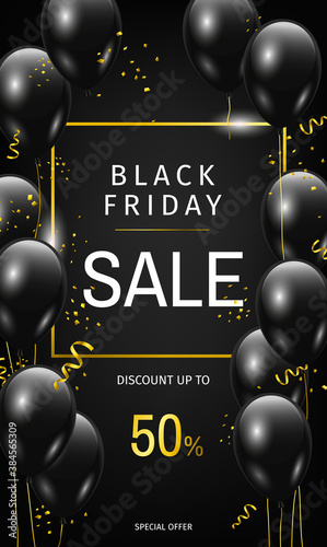 Black Friday Sale flyer design template with glossy black balloons and golden confetti. - Vector illustration