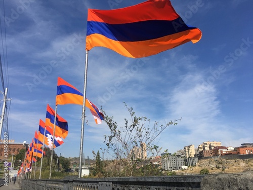 Armenia Yerevan, Victory bridge, 11 October 2020. National flags of Armenia and Artsakh Karabakh. flags on the sky