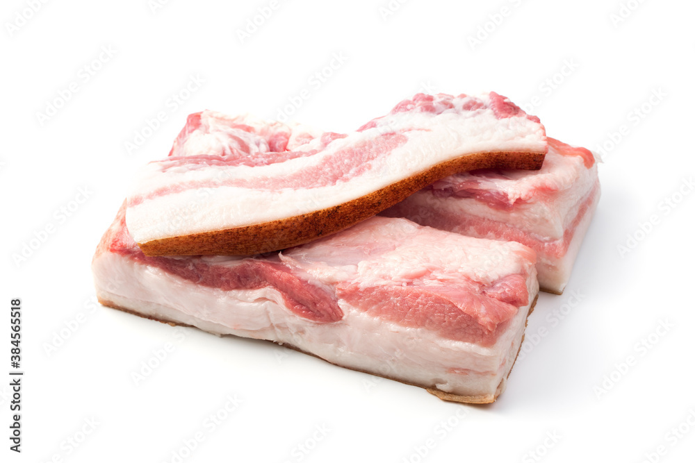 Raw bacon meat isolated on a white background. Butcher shop. The concept of fresh, natural products.