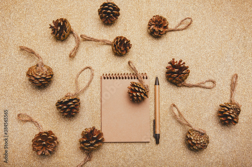 Craft notebook on gold background with cones.