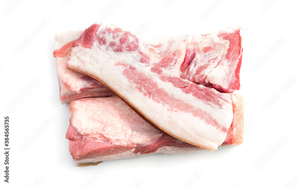 Pork lard with layers of meat isolated on a white background. Butcher shop. The concept of fresh, natural products. Pork lard with layers of meat isolated on a white background. Butcher shop. The concept of fresh, natural products.