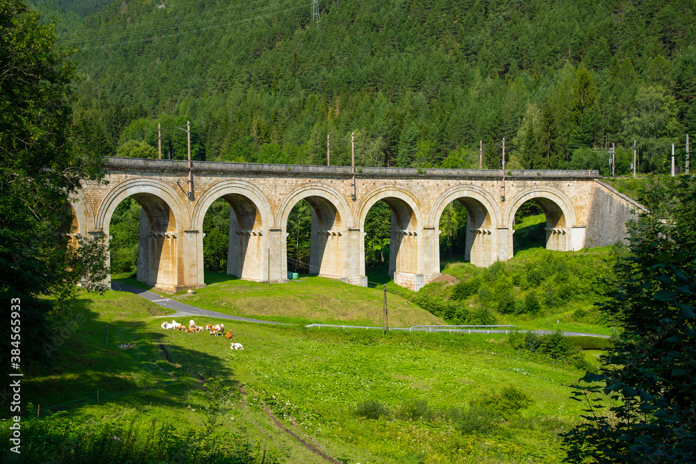 Viaduct over the Adlitzgraben on the Semmering Railway. The Semmering Railway is the oldest mountain railway of Europe and a Unesco World Heritage site.
