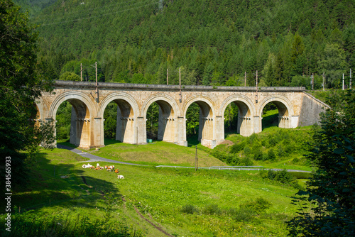 Viaduct over the Adlitzgraben on the Semmering Railway. The Semmering Railway is the oldest mountain railway of Europe and a Unesco World Heritage site.