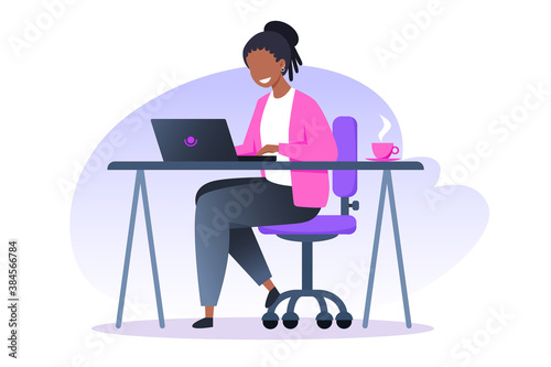 A woman works at a laptop and drinks coffee. Home office, freelance and online training, education. Vector flat illustration.