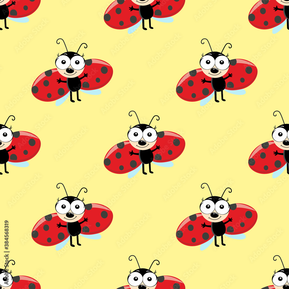 Fototapeta premium Ladybug Seamless Pattern on yellow background. Summer cute background. funny flying ladybird beatle, cartoon character with big eyes. textile print design, Wallpaper, packaging, decor.