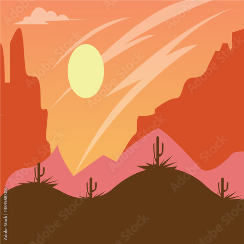 landscape illustration of mountains in the afternoon, flat background, colorful vector design