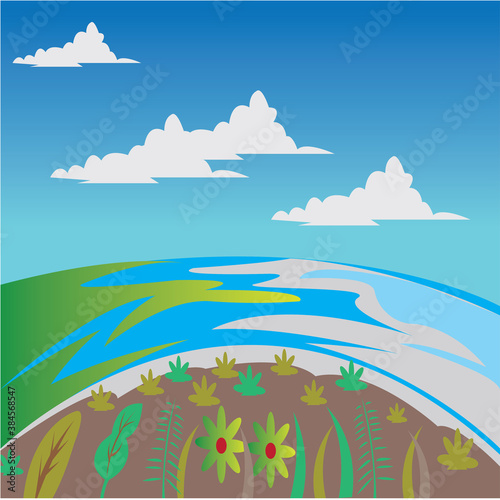 Fototapeta Naklejka Na Ścianę i Meble -  colorful landscape illustration of mountains and sea, flat background plant, vector design