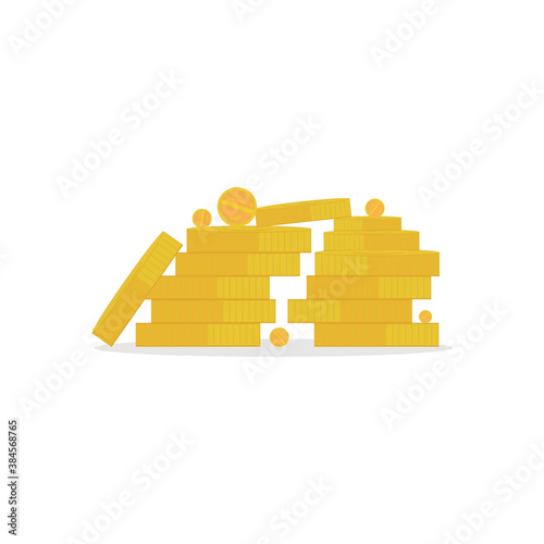 Gold coins collected in a pile. The concept of big money and investment. Isolated element on a white background. Badge for web pages, banner, presentation, poster design. Vector