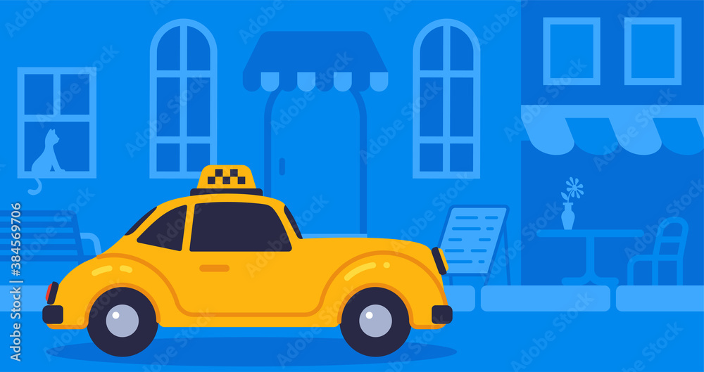 Naklejka premium Concept online taxi using luxury retro car goes on street blue background vector illustration 