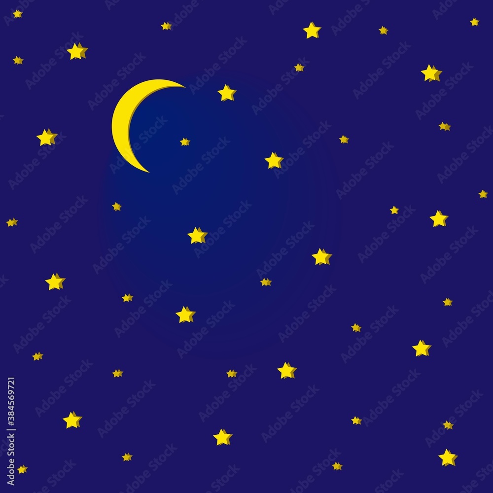 Night sky stars and moon, starry sky, night, new moon with bright stars in the sky, children's print, vector pattern in blue